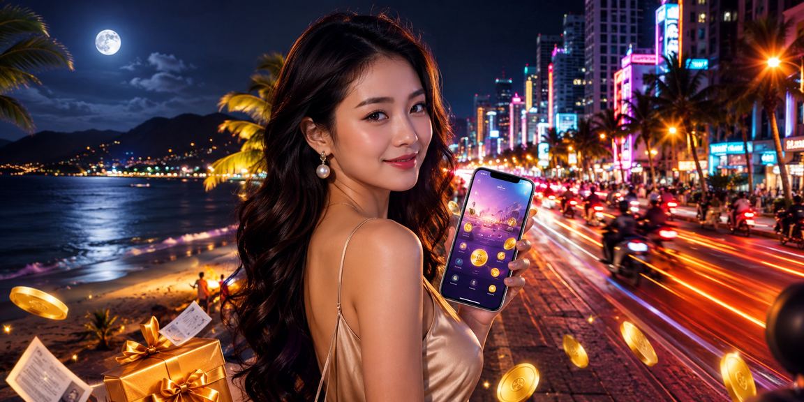 Người dùng kiểm tra mã voucher ưu đãi trên điện thoại tại bãi biển Côn Đảo