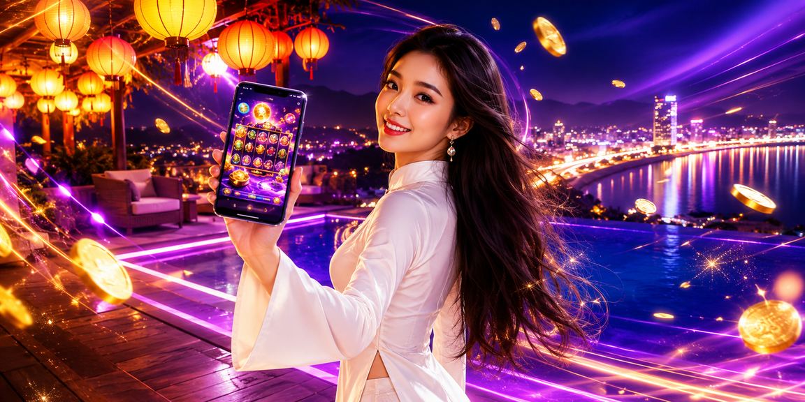 Người phụ nữ mặc áo dài truyền thống Hội An sử dụng ứng dụng casino trên điện thoại
